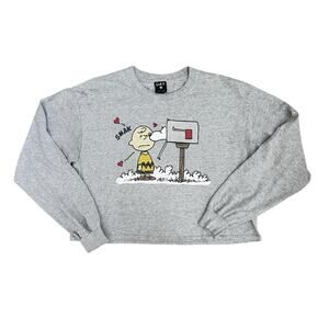 Peanuts Charlie Brown Long Sleeve Top Mailbox Hearts Gray Cropped Boxy Women M